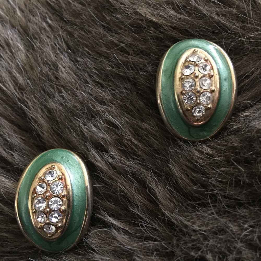 Vintage mint green enamel rhinestone clip earrings